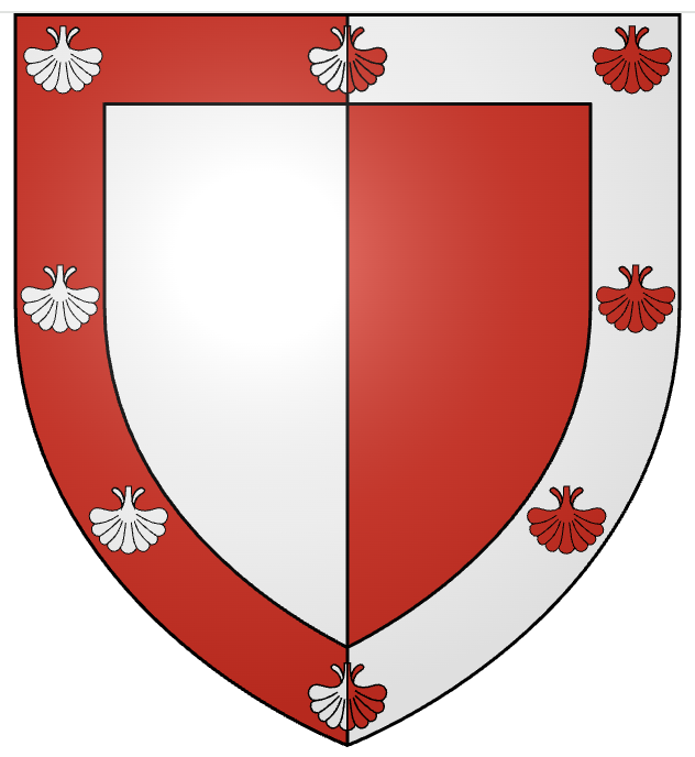 Arms of Maule of Panmure: Per pale, argent and gules, a bordure charged with eight escallops, all countercharged.
