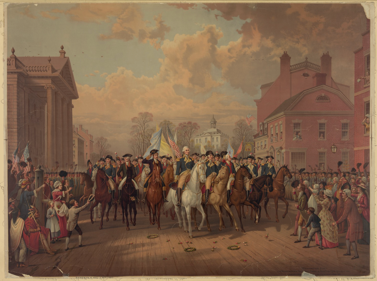 George Washington's triumphal entry into New York City on 25th November 1783, now known as ‘Evacuation Day’, would prove to be a cathartic moment for the Derry-born tailor-spy Hercules Mulligan. Painting by Edmund Restein. 