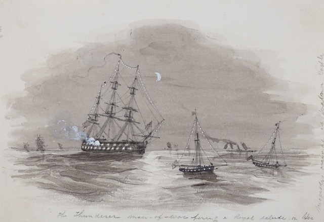 HMS Thunderer, Man-of-War firing a Royal Salute on her Majesties arrival at Walmer Castle (1842) by Ebenezer Landells.  A two-deck 84-gun second rate ship of the line, Thunderer was launched at Woolwich Dockyard  in 1831, which fought in Syria 1840. She was used as a target from 1863, was renamed HMS Nettle in 1870, and was finally sold in 1901 to Messrs. King & co, of Garston, to be broken up. 