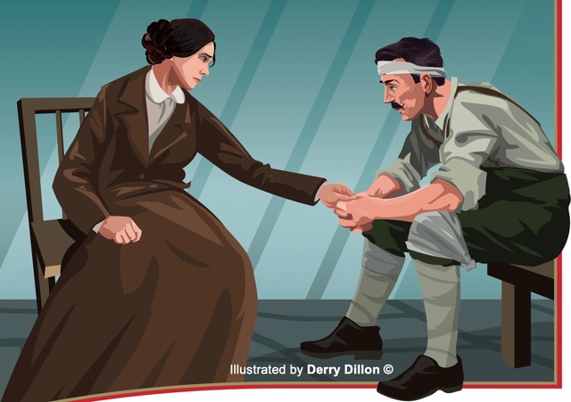 Eily O’Hanrahan O’Reilly comforts her brother Michael O'Hanrahan, Illustration: Derry Dillon.